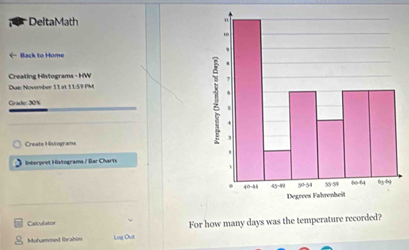 DeltaMath
Back to Home
Creating Histograms - HW
Due: November 11 at 1:5 9 PM
Grade: 30%
Create Histograms
Interpret Histograms / Bar Charts
Calculator
For how many days was the temperature recorded?
Mohammed librahim Log Out