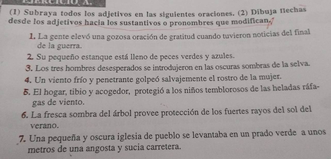 (1) Subraya todos los adjetivos en las siguientes oraciones. (2) Dibuja flechas 
desde los adjetivos hacia los sustantivos o pronombres que modifican. 
1. La gente elevó una gozosa oración de gratitud cuando tuvieron noticias del final 
de la guerra. 
2. Su pequeño estanque está lleno de peces verdes y azules. 
3. Los tres hombres desesperados se introdujeron en las oscuras sombras de la selva. 
4. Un viento frío y penetrante golpeó salvajemente el rostro de la mujer. 
5. El hogar, tibio y acogedor, protegió a los niños temblorosos de las heladas ráfa- 
gas de viento. 
6. La fresca sombra del árbol provee protección de los fuertes rayos del sol del 
verano. 
7. Una pequeña y oscura iglesia de pueblo se levantaba en un prado verde a unos 
metros de una angosta y sucia carretera.