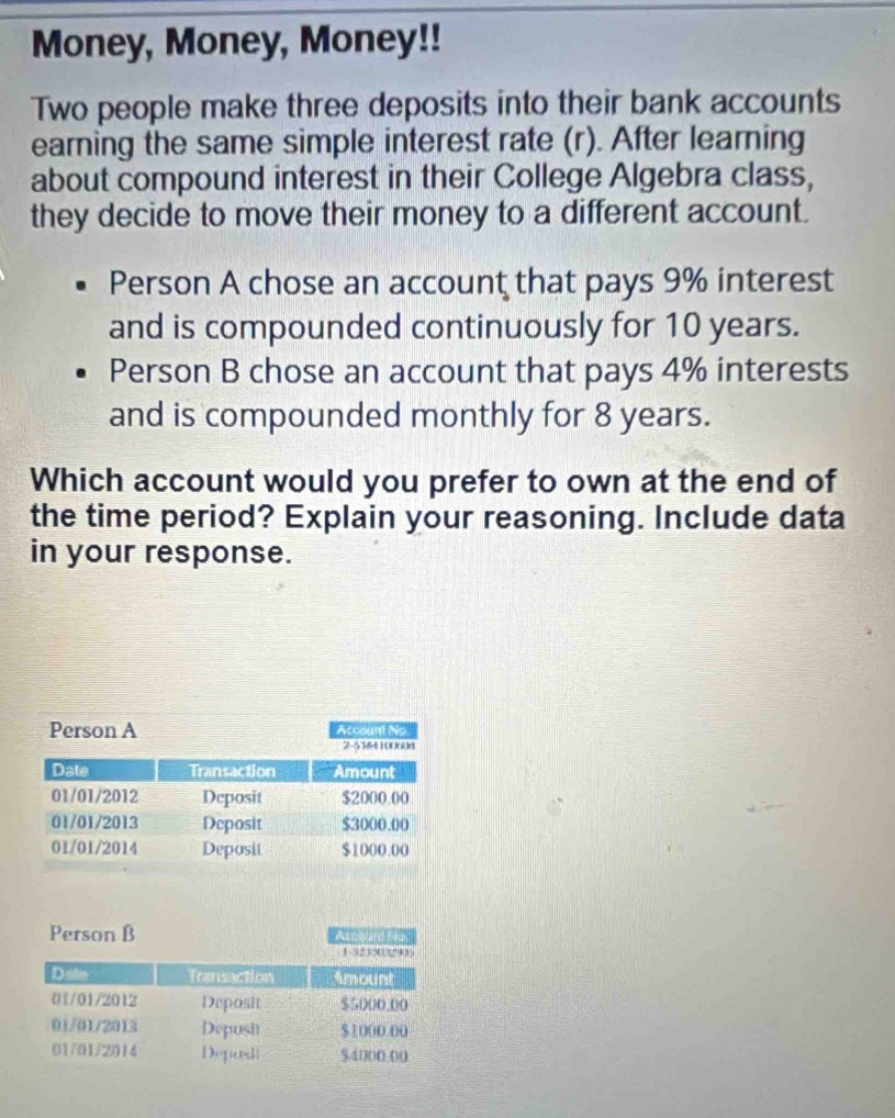 Money, Money, Money!! 
Two people make three deposits into their bank accounts 
earning the same simple interest rate (r). After learning 
about compound interest in their College Algebra class, 
they decide to move their money to a different account. 
Person A chose an account that pays 9% interest 
and is compounded continuously for 10 years. 
Person B chose an account that pays 4% interests 
and is compounded monthly for 8 years. 
Which account would you prefer to own at the end of 
the time period? Explain your reasoning. Include data 
in your response. 
Person A Account No 
Person B 
1-32350340