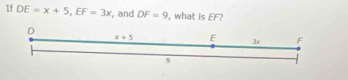 If DE=x+5,EF=3x , and DF=9 , what is EF?