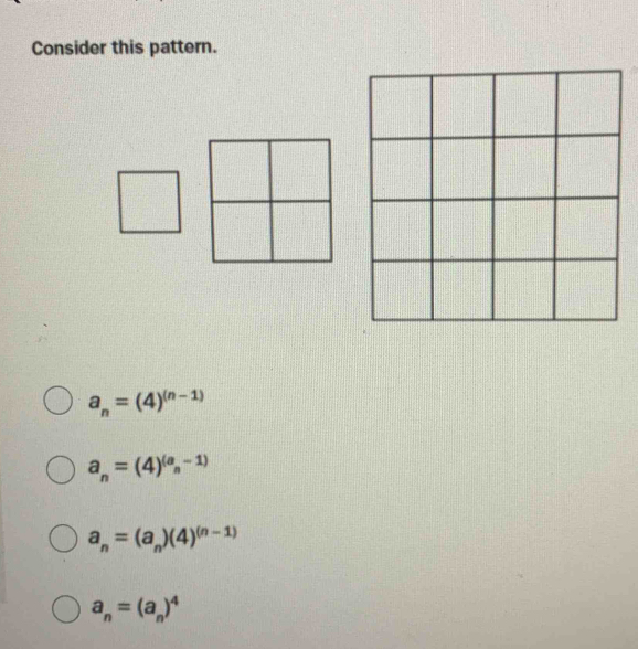 Consider this pattern.
a_n=(4)^(n-1)
a_n=(4)^(a_n-1)
a_n=(a_n)(4)^(n-1)
a_n=(a_n)^4