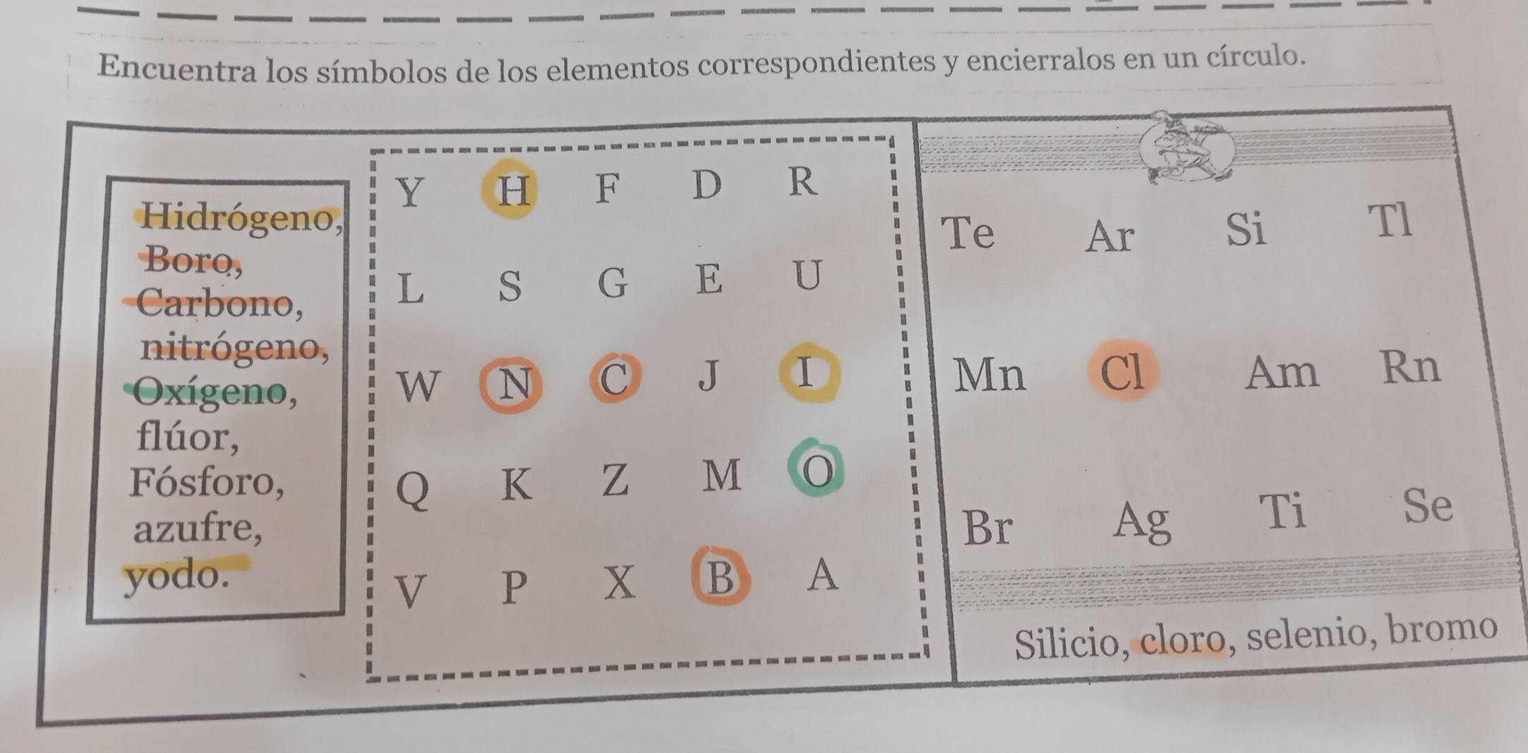 Encuentra los símbolos de los elementos correspondientes y encierralos en un círculo.