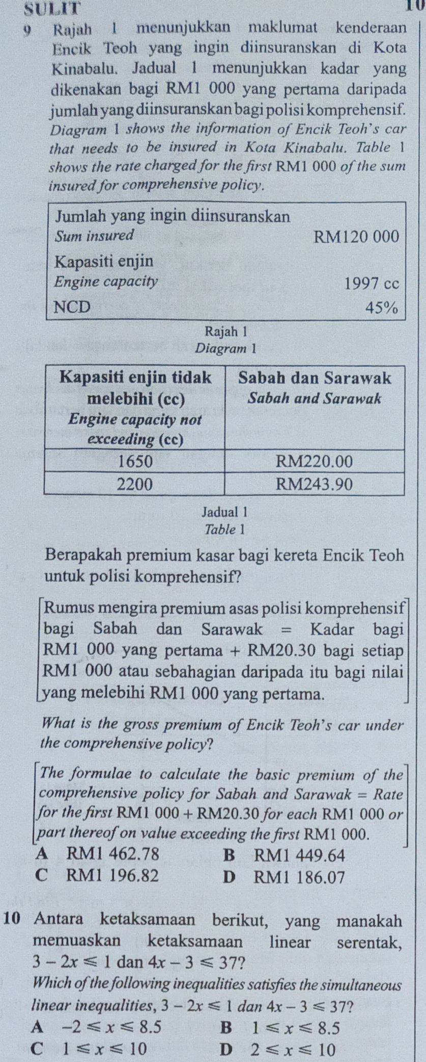 sULIT
10
9 Rajah 1 menunjukkan maklumat kenderaan
Encik Teoh yang ingin diinsuranskan di Kota
Kinabalu. Jadual 1 menunjukkan kadar yang
dikenakan bagi RM1 000 yang pertama daripada
jumlah yang diinsuranskan bagi polisi komprehensif.
Diagram 1 shows the information of Encik Teoh’s car
that needs to be insured in Kota Kinabalu. Table 1
shows the rate charged for the first RM1 000 of the sum
insured for comprehensive policy.
Jumlah yang ingin diinsuranskan
Sum insured RM120 000
Kapasiti enjin
Engine capacity 1997 cc
NCD 45%
Rajah 1
Diagram 1
Jadual 1
Table 1
Berapakah premium kasar bagi kereta Encik Teoh
untuk polisi komprehensif?
Rumus mengira premium asas polisi komprehensif
bagi Sabah dan Sarawak = Kadar bagi
RM1 000 yang pertama + RM20.30 bagi setiap
RM1 000 atau sebahagian daripada itu bagi nilai
yang melebihi RM1 000 yang pertama.
What is the gross premium of Encik Teoh’s car under
the comprehensive policy?
The formulae to calculate the basic premium of the
comprehensive policy for Sabah and Sarawak = Rate
for the first RM1 000+RM20.30 for each RM1 000 or
part thereof on value exceeding the first RM1 000.
A RM1 462.78 B RM1 449.64
C RM1 196.82 D RM1 186.07
10 Antara ketaksamaan berikut, yang manakah
memuaskan ketaksamaan linear serentak,
3-2x≤slant 1 dan 4x-3≤slant 37 ?
Which of the following inequalities satisfies the simultaneous
linear inequalities, 3-2x≤slant 1 dan 4x-3≤slant 37 ?
A -2≤slant x≤slant 8.5
B 1≤slant x≤slant 8.5
C 1≤slant x≤slant 10
D 2≤slant x≤slant 10