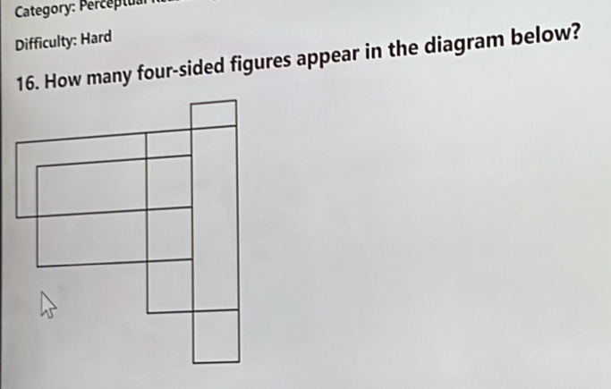 Category: Percéptuar 
Difficulty: Hard 
16. How many four-sided figures appear in the diagram below?