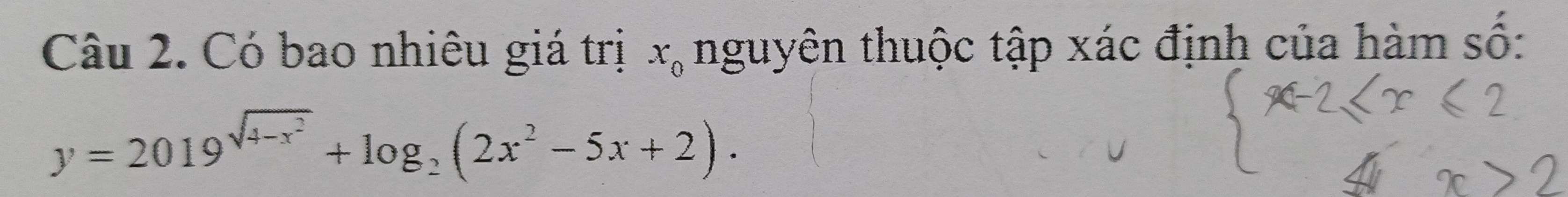 Có bao nhiêu giá trị x_0 nguyên thuộc tập xác định của hàm số:
y=2019^(sqrt(4-x^2))+log _2(2x^2-5x+2).