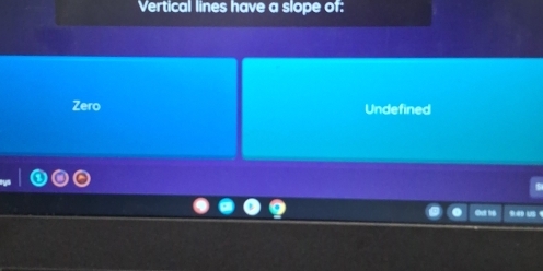 Vertical lines have a slope of:
Zero Undefined
us