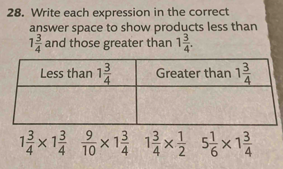 Write each expression in the correct
answer space to show products less than
1 3/4  and those greater than 1 3/4 .