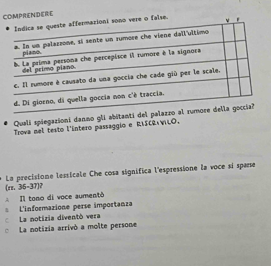 CDERE
Quali spiegazioni danno gli abitanti del palazzo al 
Trova nel testo l'intero passaggio e RISCR VILO.
La precisione lessicale Che cosa significa l'espressione la voce si sparse
(rr. 36-37)?
A Il tono di voce aumentò
L'informazione perse importanza
C La notizia diventò vera
L La notizia arrivò a molte persone