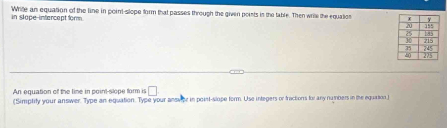 Write an equation of the line in point-slope form that passes through the given points in the table. Then write the equation 
in slope-intercept form 
An equation of the line in point-slope form is □. 
(Simplify your answer. Type an equation. Type your answ or in point-slope form. Use integers or fractions for any numbers in the equation )