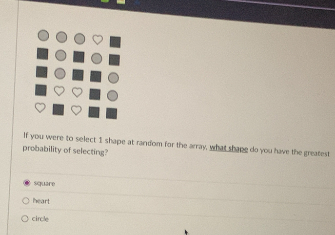 If you were to select 1 shape at random for the array, what shape do you have the greatest
probability of selecting?
square
heart
circle