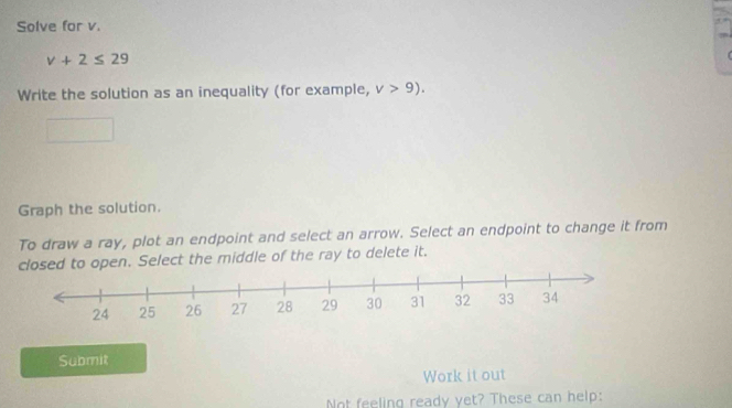 Solve for v.
v+2≤ 29
Write the solution as an inequality (for example, v>9). 
Graph the solution. 
To draw a ray, plot an endpoint and select an arrow. Select an endpoint to change it from 
closed to open. Select the middle of the ray to delete it. 
Submit 
Work it out 
Not feeling ready yet? These can help: