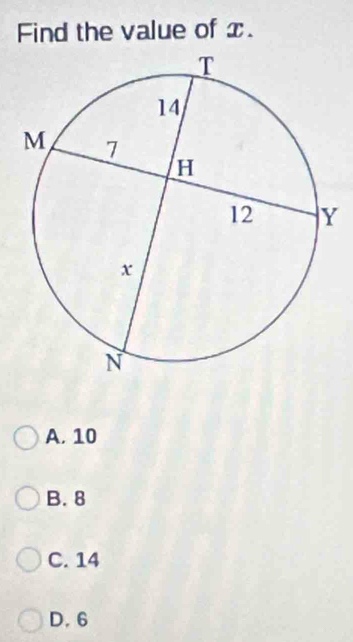 Find the value of x.
A. 10
B. 8
C. 14
D. 6