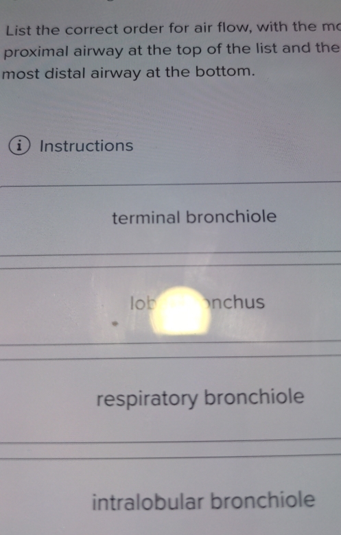 List the correct order for air flow, with the m
proximal airway at the top of the list and the
most distal airway at the bottom.
i) Instructions
terminal bronchiole
lob nchus
respiratory bronchiole
intralobular bronchiole