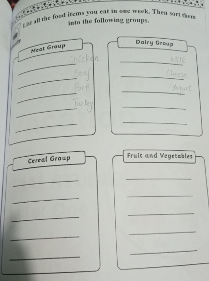 List all the food items you eat in one week. Then sort them 
into the following groups. 
Meat Group 
Dairy Group 
_ 
_ 
_ 
_ 
_ 
_ 
_ 
_ 
_ 
_ 
Cereal Group 
Fruit and Vegetables 
_ 
_ 
_ 
_ 
_ 
_ 
_ 
_ 
_ 
_