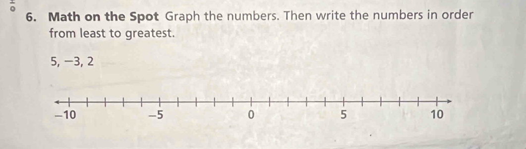 Math on the Spot Graph the numbers. Then write the numbers in order 
from least to greatest.
5, −3, 2