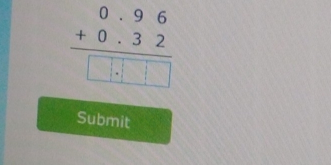 beginarrayr 0.96 +0.32 hline □ .□ □ endarray
Submit