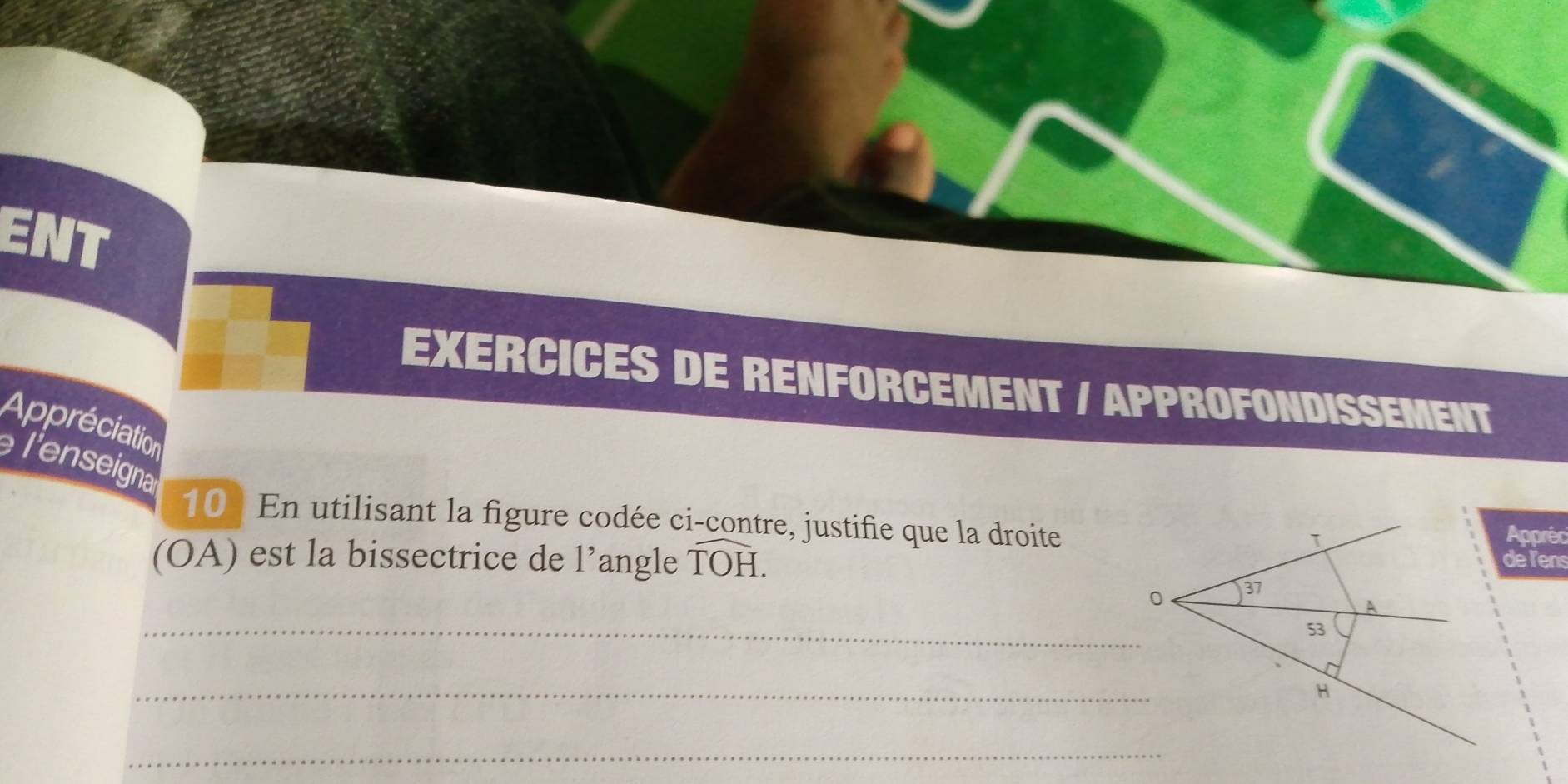 ENT 
EXERCICES DE RENFORCEMENT / APPROFONDISSEMENT 
Appréciation 
Tenseigna 
10 En utilisant la figure codée ci-contre, justifie que la droite 
Appréc 
(OA) est la bissectrice de l’angle widehat TOH. de lens 
_ 
_ 
_