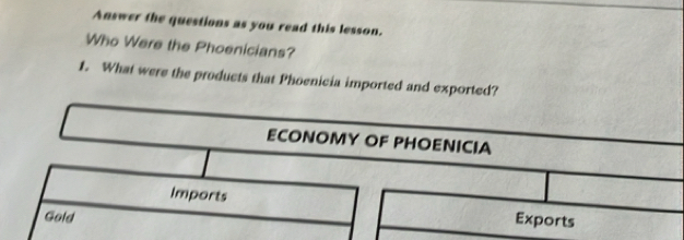 Answer the questions as you read this lesson. 
Who Were the Phoenicians? 
1. What were the products that Phoenicia imported and exported?