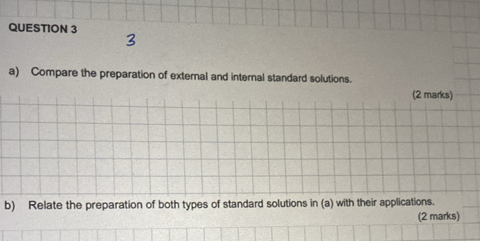 Compare the preparation of external and internal standard solutions. 
(2 marks) 
b) Relate the preparation of both types of standard solutions in (a) with their applications. 
(2 marks)