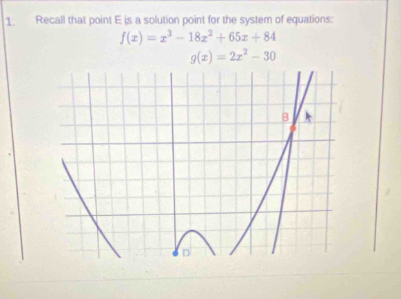 Recall that point E is a solution point for the system of equations:
f(x)=x^3-18x^2+65x+84
g(x)=2x^2-30