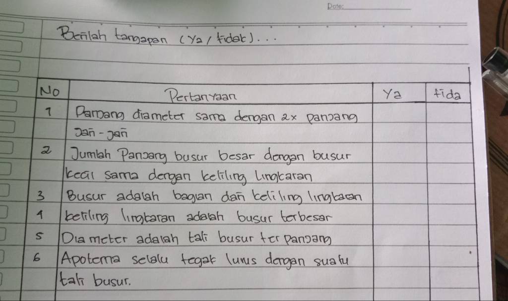 Beilgh tangapen (ya/ fider). . . 
No fida 
Pertanroan Ye
7 Damang diameter sama dengan ax panang 
Dan-J¢n 
a Jumh Panzang busur besar dengan busur 
kcai sama dergan keliling Lngkaran 
3 Busur adgugh bagan dan keliling linglaan 
4 keliling lingtaran adabh busur terbesor 
s Dia meter adaah tal busur fēr panoang 
6 Apotema selolu teger lunus dergan suafu 
ta busur.