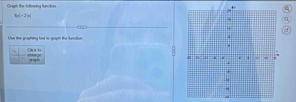 Graph the following function.
f(x)=2|x|
Q 
C 
Use the graphing tool to graph the function. 
Click to 
enlarge 
graph 
120