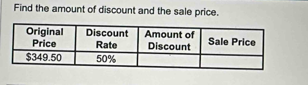 Find the amount of discount and the sale price.