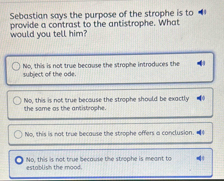 Solved: Sebastian says the purpose of the strophe is to provide a ...