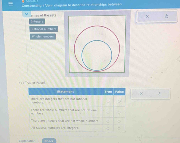 DECIMALS 
Constructing a Venn diagram to describe relationships between... 
ames of the sets 
× 5
Integers 
Rational numbers 
Whole numbers 
(b) True or False? 
× 
Explanation Check