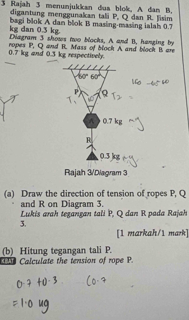 Rajah 3 menunjukkan dua blok, A dan B, 
digantung menggunakan tali P, Q dan R. Jisim 
bagi blok A dan blok B masing-masing ialah 0.7
kg dan 0.3 kg. 
Diagram 3 shows two blocks, A and B, hanging by 
ropes P, Q and R. Mass of block A and block B are
0.7 kg and 0.3 kg respectively.
60° 60°
P Q
60
A 0.7 kg
R
0.3 kg
Rajah 3/Diagram 3 
(a) Draw the direction of tension of ropes P, Q
and R on Diagram 3. 
Lukis arah tegangan tali P, Q dan R pada Rajah 
3. 
[1 markah/1 mark] 
(b) Hitung tegangan tali P. 
KEA Calculate the tension of rope P.