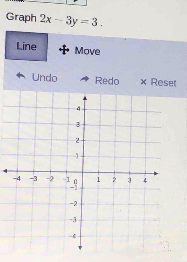 Graph 2x-3y=3. 
Line 
Move 
Undo Redo × Reset