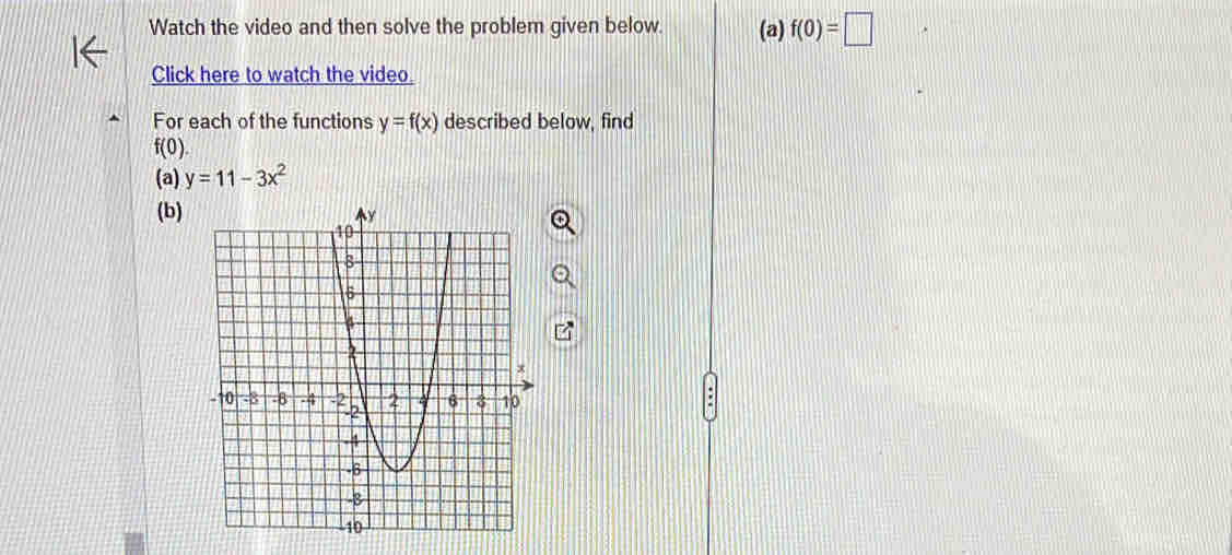 Watch the video and then solve the problem given below. (a) f(0)=□
Click here to watch the video. 
For each of the functions y=f(x) described below, find
f(0). 
(a) y=11-3x^2
(b)