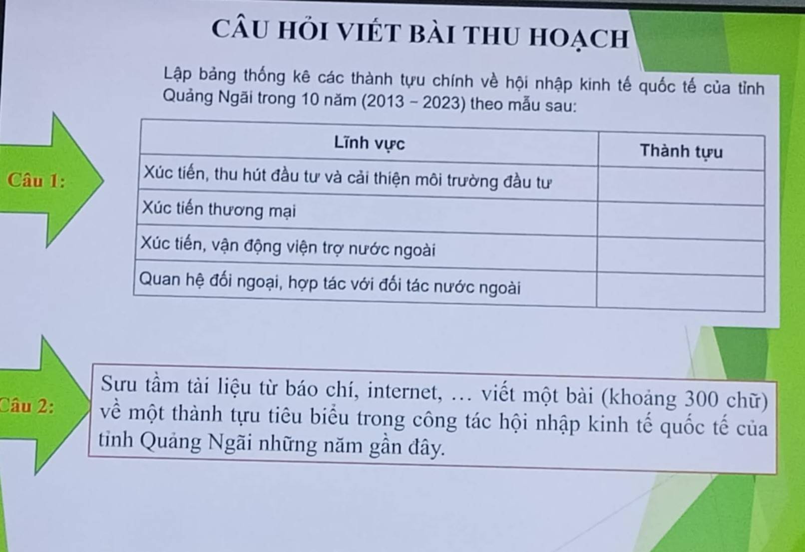 câu hỏi viết bài thu hoạch 
Lập bảng thống kê các thành tựu chính về hội nhập kinh tế quốc tế của tỉnh 
Quảng Ngãi trong 10 năm (2013 - 2023) theo mẫu sau: 
Câu 1: 
Sưu tầm tài liệu từ báo chí, internet, ... viết một bài (khoảng 300 chữ) 
Câu 2: về một thành tựu tiêu biểu trong công tác hội nhập kinh tế quốc tế của 
tinh Quảng Ngãi những năm gần đây.