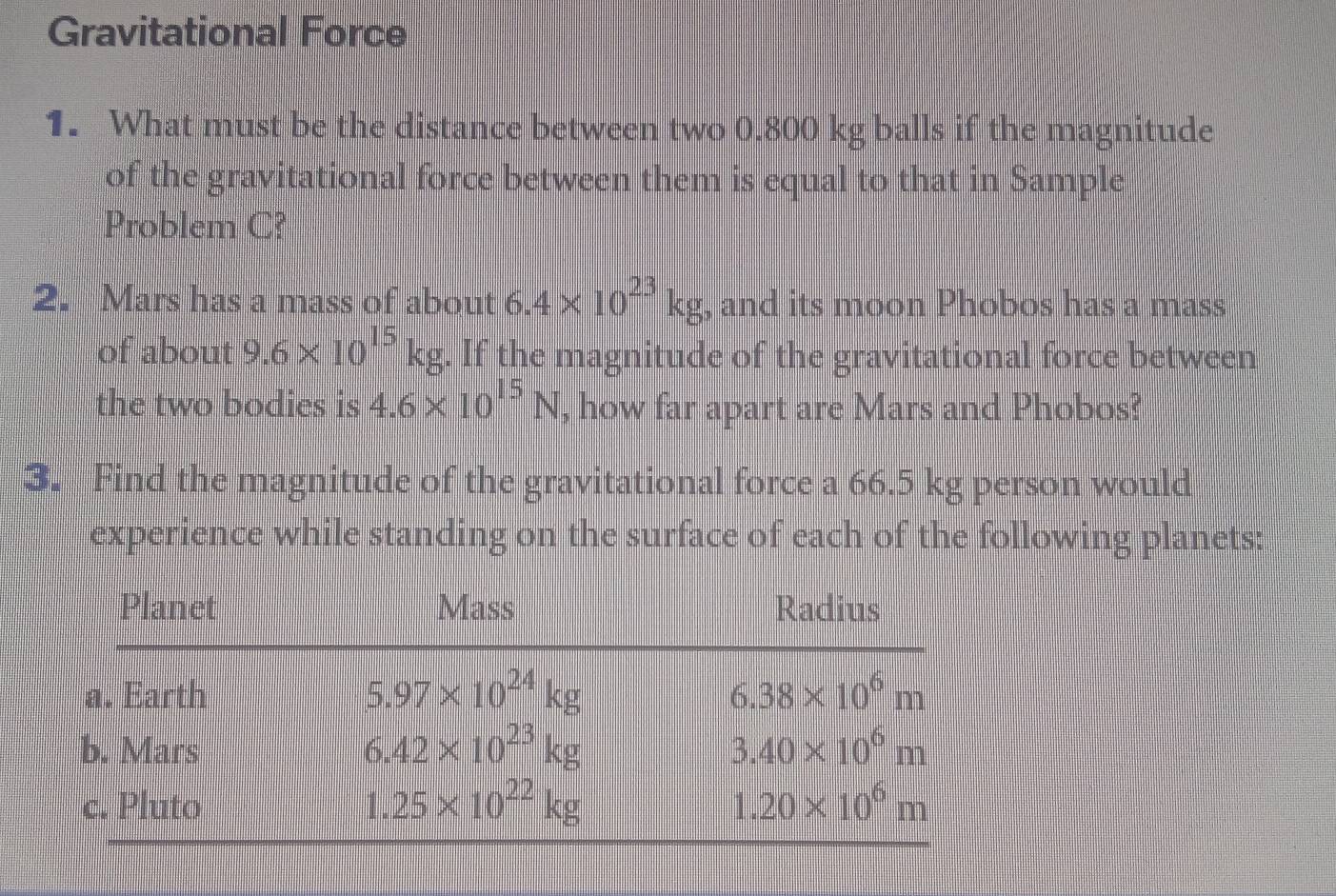 Gravitational Force
1. What must be the distance between two 0.800 kg balls if the magnitude
of the gravitational force between them is equal to that in Sample
Problem C?
2. Mars has a mass of about 6.4* 10^(23)kg , and its moon Phobos has a mass
of about 9.6* 10^(15)kg. If the magnitude of the gravitational force between
the two bodies is 4.6* 10^(15)N , how far apart are Mars and Phobos?
3. Find the magnitude of the gravitational force a 66.5 kg person would
experience while standing on the surface of each of the following planets: