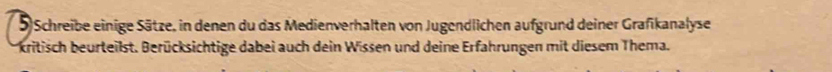 Schreibe einige Sätze, in denen du das Medienverhalten von Jugendlichen aufgrund deiner Grafikanalyse 
kritisch beurteilst. Berücksichtige dabei auch dein Wissen und deine Erfahrungen mit diesem Thema.