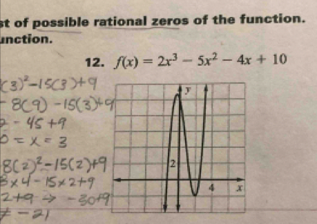 st of possible rational zeros of the function. 
unction. 
12. f(x)=2x^3-5x^2-4x+10