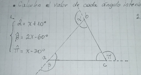 Calculen el valor de cada angulo interia