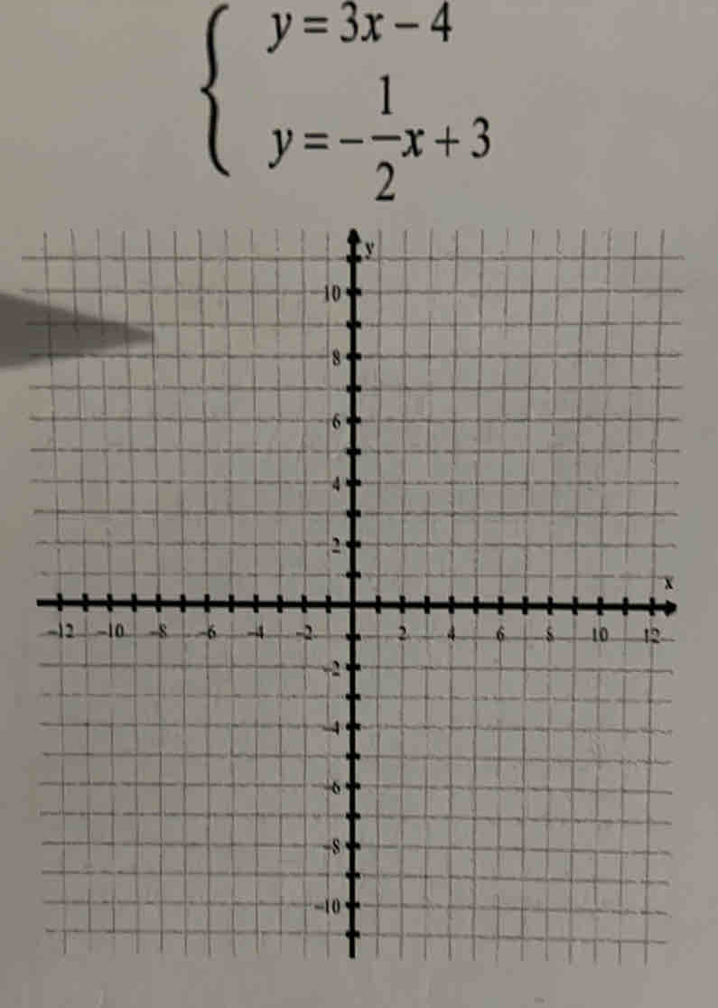 beginarrayl y=3x-4 y=- 1/2 x+3endarray.