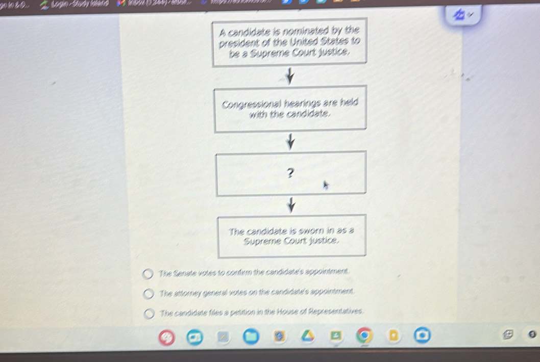 Lagin - Sludy ielend
A candidate is nominated by the
president of the United States to
be a Supreme Court justice.
Congressional hearings are held
with the candidate.
?
The candidate is swor in as a
Supreme Court justice.
The Senete votes to comum the condidatd's oppoiniment.
The attorney general votes on the condidate's appaintment.
The condidate fles a petition in the House of Representatives.