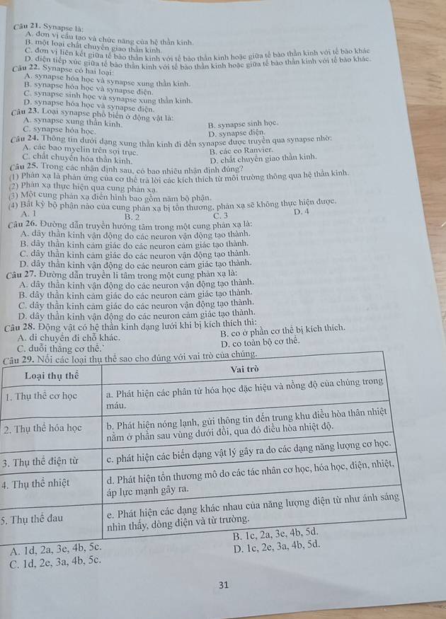 Synapse là:
A. đơn vị cầu tạo và chức năng của hệ thần kinh
B. một loại chất chuyên giao thằn kinh
C. đơn vị liên kết giữa tế bào thần kinh với tế bảo thần kinh hoặc giữa tế bào thần kinh với tế bào khác
D. diện tiếp xúc giữa tế bảo thần kinh với tế bào thần kinh hoặc giữa tế bảo thần kinh với tế bảo khác.
Câu 22. Synapse có hai loại:
A. synapse hóa học và synapse xung thần kinh.
B. synapse hỏa học và synapse điện
C. synapse sinh học và synapse xung thằn kinh
D. synapse hóa học và synapse diện.
Câu 23. Loại synapse phố biển ở động vật là:
A. synapse xung thằn kinh.
B. synapse sinh học
C. synapse hỏa học
D. synapse diện.
Câu 24. Thông tin dưới dạng xung thằn kinh đi đến synapse được truyền qua synapse nhờ:
A. các bao myelin trên sợi trụe. B. các co Ranvier.
C. chất chuyên hỏa thần kinh.
D. chất chuyển giao thần kinh.
Câu 25. Trong các nhận định sau, có bao nhiều nhận định đúng?
(1) Phân xạ là phản ứng của cơ thể tra lới các kích thích từ môi trường thông qua hệ thần kinh.
(2) Phân xạ thực hiện qua cung phản xạ
(3) Một cung phản xạ điễn hình bao gồm năm bộ phận
(4) Bất kỳ bộ phân nào của cung phân xạ bị tôn thương, phân xạ sẽ không thực hiện được.
A. 1 D. 4
B. 2 C. 3
Câu 26. Đường dẫn truyền hướng tâm trong một cung phân xạ là:
A. dây thần kinh vận động do các neuron vận động tạo thành.
B. dây thần kinh cảm giác do các neuron cảm giác tạo thành.
C. dây thần kình cảm giác do các neuron vận động tạo thành.
D. dây thằn kinh vận động do các neuron cảm giác tạo thành.
Câu 27. Đường dẫn truyền li tâm trong một cung phản xạ là:
A. dây thần kinh vận động do các neuron vận động tạo thành.
B. dây thần kinh cảm giác do các neuron cảm giác tạo thành.
C. dây thần kinh cảm giác do các neuron vận động tạo thành.
D. dây thần kinh vận động do các neuron cảm giác tạo thành.
Câu 28. Động vật có hệ thần kinh dạng lưới khi bị kích thích thi:
A. di chuyên đi chỗ khác.
B. co ở phần cơ thể bị kích thích.
D. co toàn bộ cơ thể.
C
1.
2.
3
4.
5.
A. 1d, 2a, 3e,
C. 1d, 2e, 3a, 4b, 5c. D. 
31