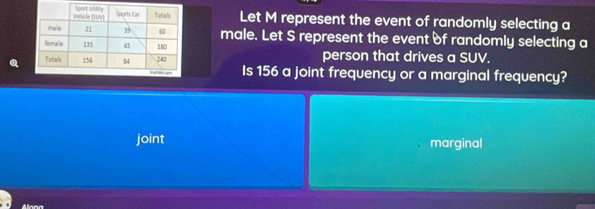 Let M represent the event of randomly selecting a
male. Let S represent the event of randomly selecting a
Q person that drives a SUV.
Is 156 a joint frequency or a marginal frequency?
joint marginal
Alana