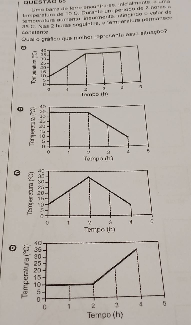 QUESTAO 65
Uma barra de ferro encontra-se, inicialmente, a uma
temperatura de 10 C. Durante um período de 2 horas a
temperatura aumenta linearmente, atingindo o valor de
35 C. Nas 2 horas seguintes, a temperatura permanece
constante.
Qual o gráfico que melhor representa essa situação?
B
Tempo (h)
Tempo (h)
D 
Tempo (h)