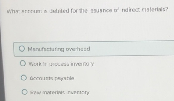 Solved: What account is debited for the issuance of indirect materials ...