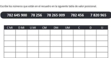 Escribe los números que están en el recuadro en la siguiente tabla de valor posicional.
782 645 900 78 256 78 265 009 782 456 7 820 965