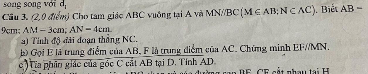 song song với d_1 
Câu 3. (2,0 điểm) Cho tam giác ABC vuông tại A và MN//BC (M∈ AB; N∈ AC). Biết AB=
9cm; AM=3cm; AN=4cm. 
a) Tính độ dài đoạn thắng NC. 
à) Gọi E là trung điểm của AB, F là trung điểm của AC. Chứng minh EF//MN. 
c )Tia phân giác của góc C cắt AB tại D. Tính AD.
o B E C E c ắt nha u tạ i H