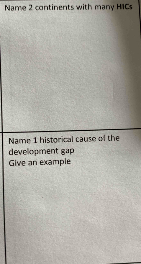 Name 2 continents with many HICs 
Name 1 historical cause of the 
development gap 
Give an example