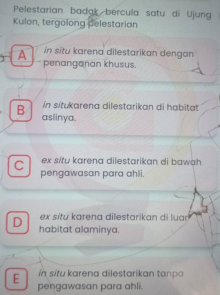 Pelestarian badak bercula satu di Ujung
Kulon, tergolong pelestarian
A in situ karena dilestarikan dengan
penanganan khusus.
B in situkarena dilestarikan di habitat
aslinya.
C ex situ karena dilestarikan di bawah
pengawasan para ahli.
ex situ karena dilestarikan di luar
D habitat alaminya.
E in situ karena dilestarikan tanpa
pengawasan para ahli.