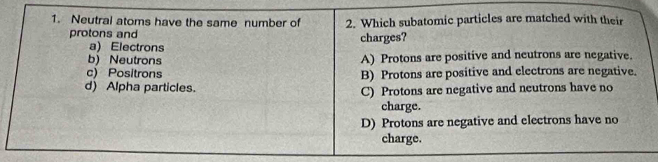 Neutral atoms have the same number of 2. Which subatomic particles are matched with their
protons and charges?
a) Electrons
b) Neutrons A) Protons are positive and neutrons are negative.
c) Positrons B) Protons are positive and electrons are negative.
d) Alpha particles.
C) Protons are negative and neutrons have no
charge.
D) Protons are negative and electrons have no
charge.