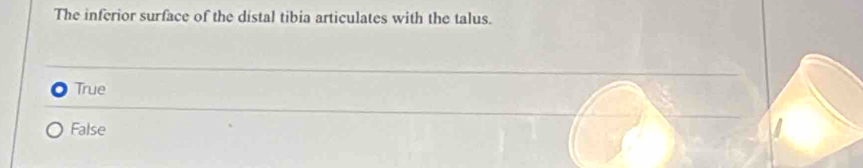 The inferior surface of the distal tibia articulates with the talus.
True
False