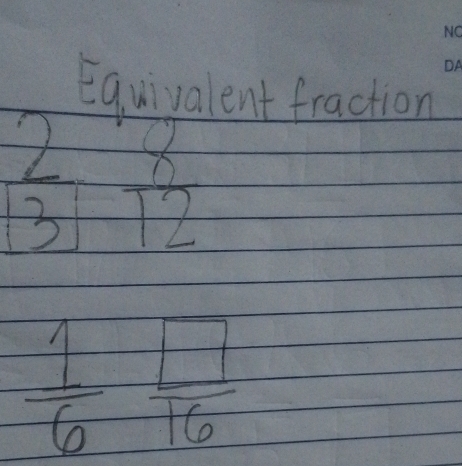 Equivalent fraction
 2/3  8/12 
 1/6  □ /16 